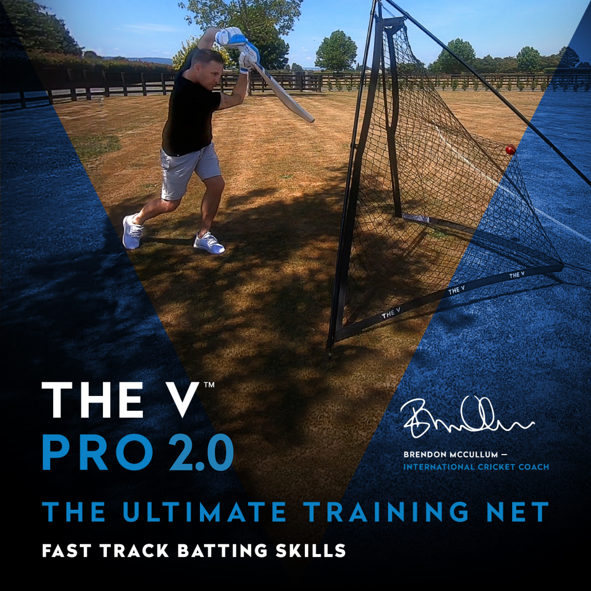 A man hones his batting with The V Pro 2.0 by The V on a grassy field, the ball bouncing back as he trains. Promoted as The Ultimate Training Net, it’s endorsed by Brendon McCullum.