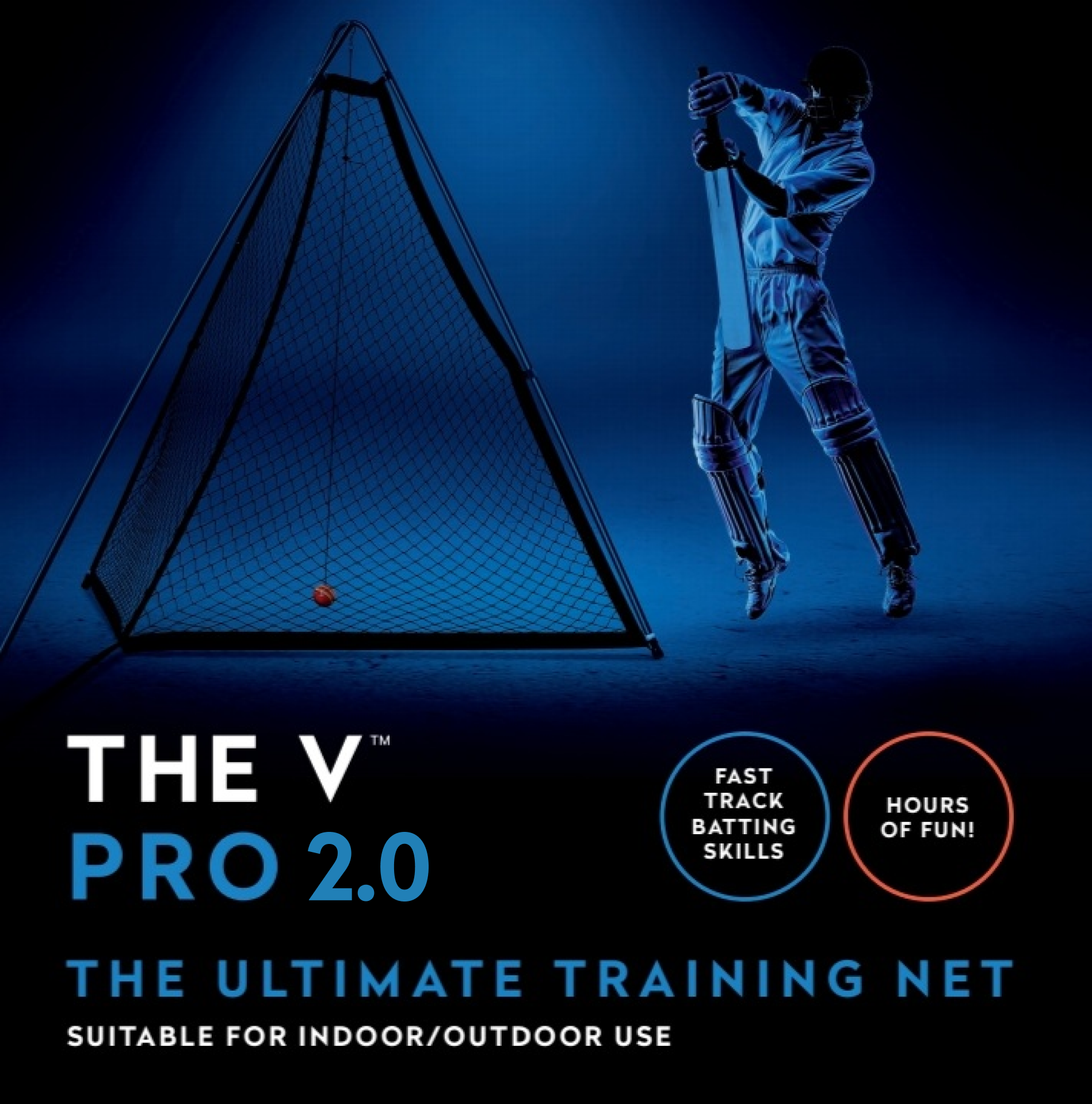 A cricketer trains with a bat in front of The V Pro 2.0 triangular net from The V, catching a red ball. This top cricket training aid boosts batting skills and makes practice effective and enjoyable.