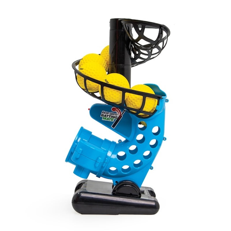 The Victor Sports Batting Mate Cricket Bowling Machine by Victor Sports is a blue and black automatic feeder that holds several yellow balls in its basket, designed for batting practice.