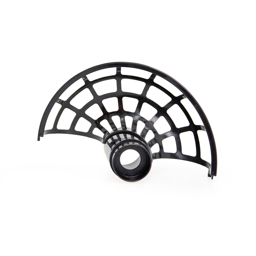 A black plastic, semi-circular grid with a central cylindrical hub, resembling a fan guard, designed as a protective cage component for the Victor Sports Batting Mate Cricket Bowling Machine by Victor Sports.