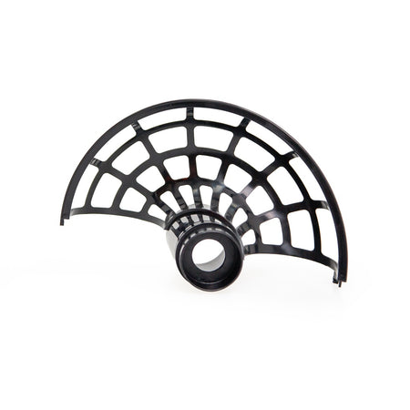 A black plastic, semi-circular grid with a central cylindrical hub, resembling a fan guard, designed as a protective cage component for the Victor Sports Batting Mate Cricket Bowling Machine by Victor Sports.