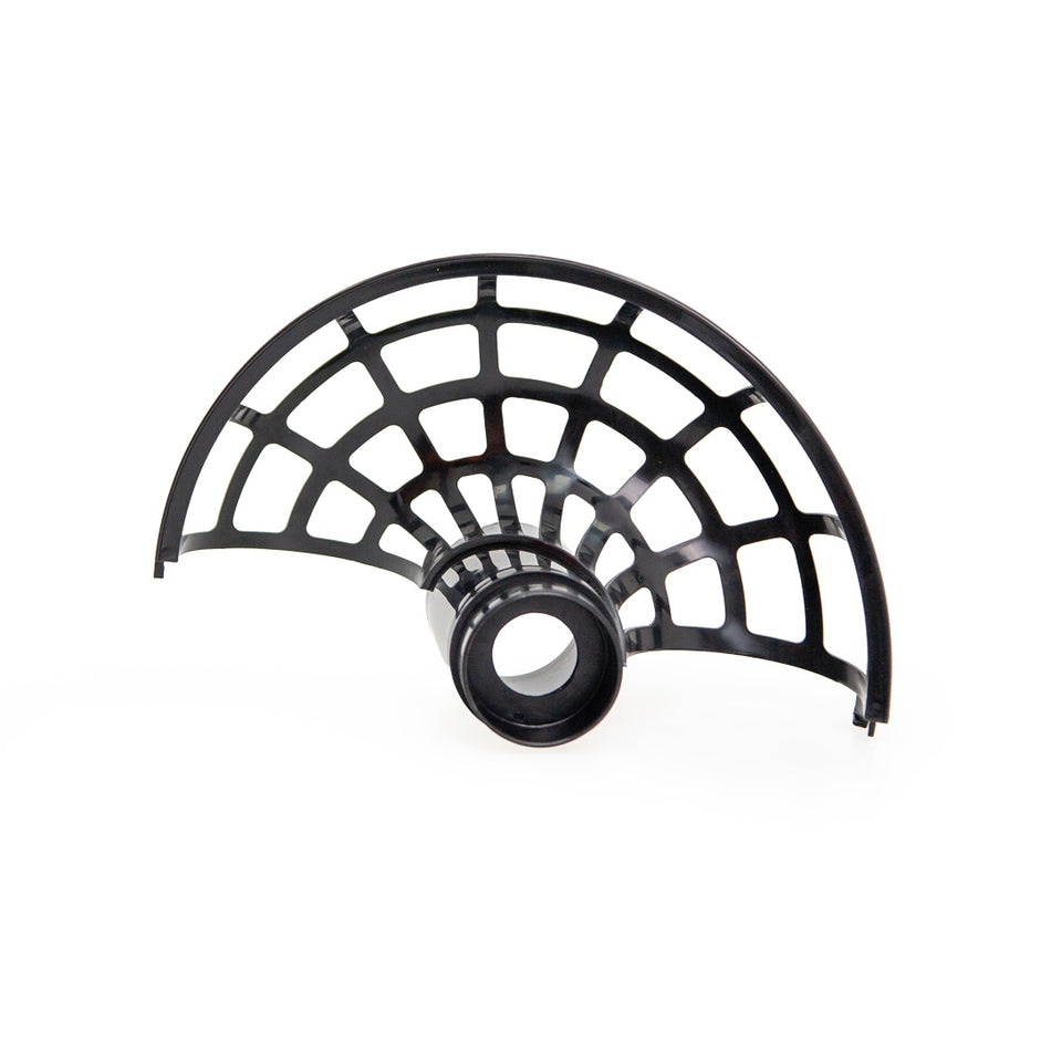 The Victor Sports Batting Mate Ball Stacker by Victor Sports is a black, semi-circular plastic grid with a central cylindrical opening, designed as an extension tray for cricket bowling machines. Shown upright on a white background.