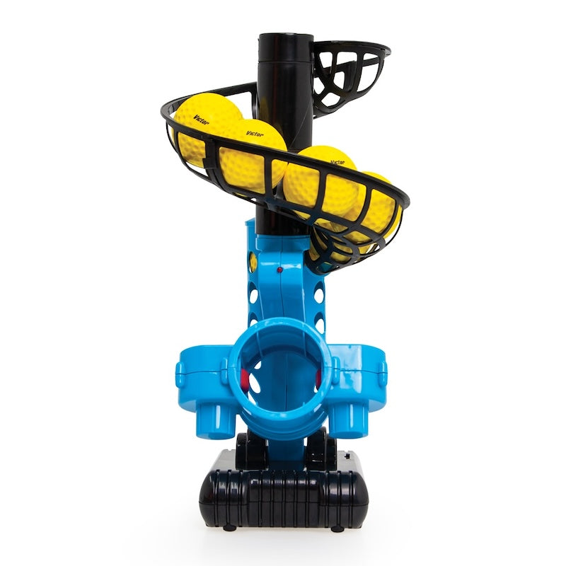 The Victor Sports Batting Mate Cricket Bowling Machine by Victor Sports is a blue and black automatic machine with a spiral chute that holds yellow plastic balls, ideal for children’s cricket practice and play.