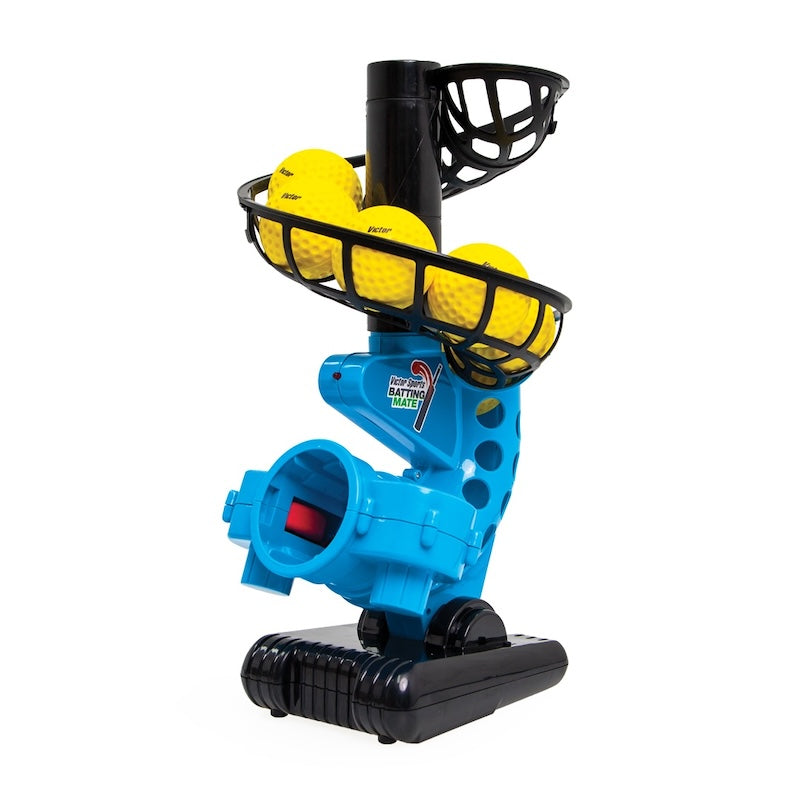 The Victor Sports Batting Mate Cricket Bowling Machine by Victor Sports holds yellow plastic balls, features an automatic top-feed, and sits securely on a black base—perfect for kids to practice batting skills.