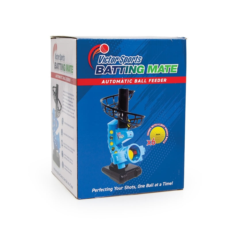 A blue Victor Sports box labeled "Victor Sports Batting Mate Cricket Bowling Machine" features the device and yellow balls. This automatic cricket bowling machine improves your shots one ball at a time and includes 6 soft-fleece balls.