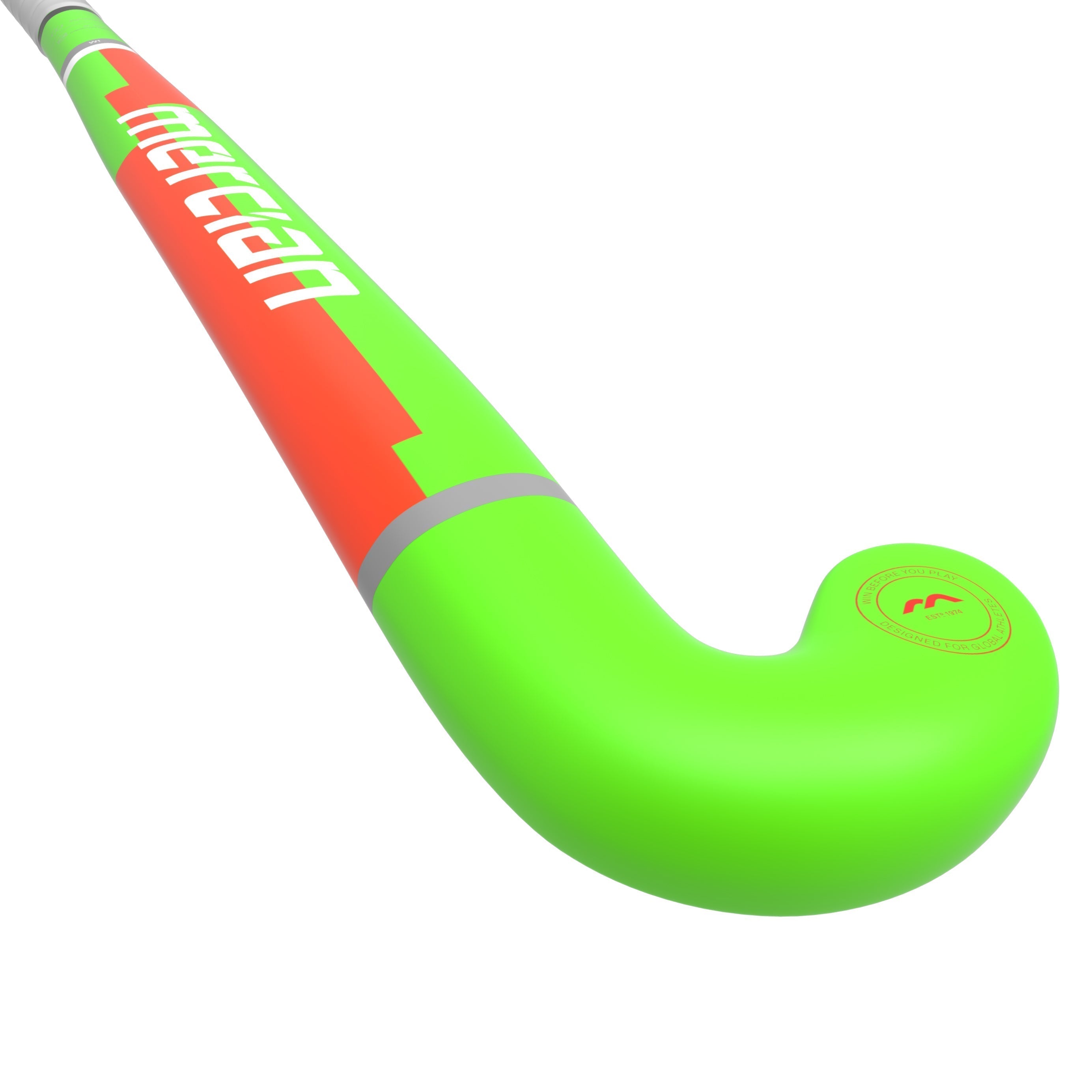 A close-up of the Mercian Genesis Wood Hockey Stick in 22" to 32" sizes, mainly neon green with red and white accents, featuring the Mercian brand name and a distinctive curved end.