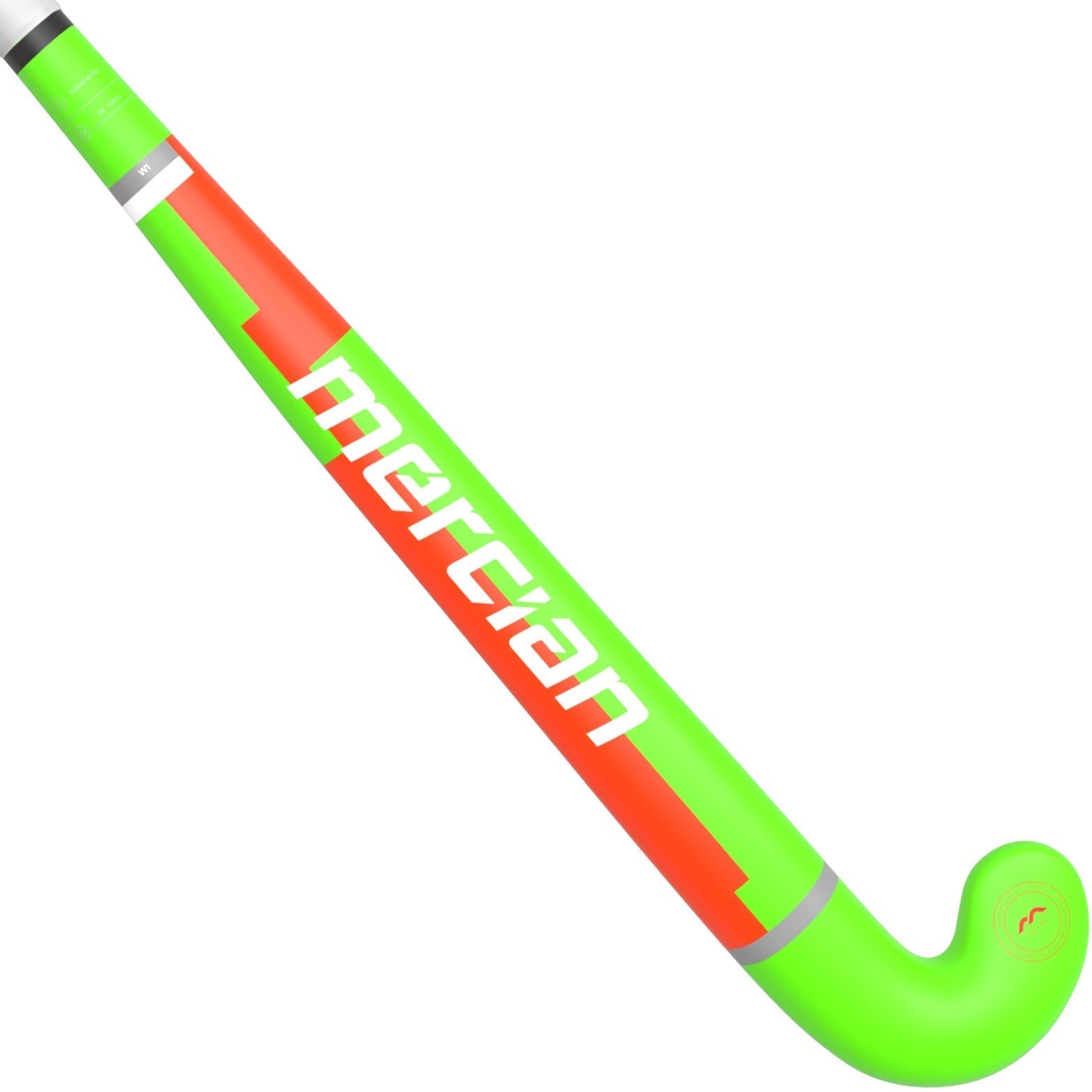 A vibrant green Mercian Genesis Wood Hockey Stick (22"–32") features red and white accents and the bold Mercian logo along the shaft.
