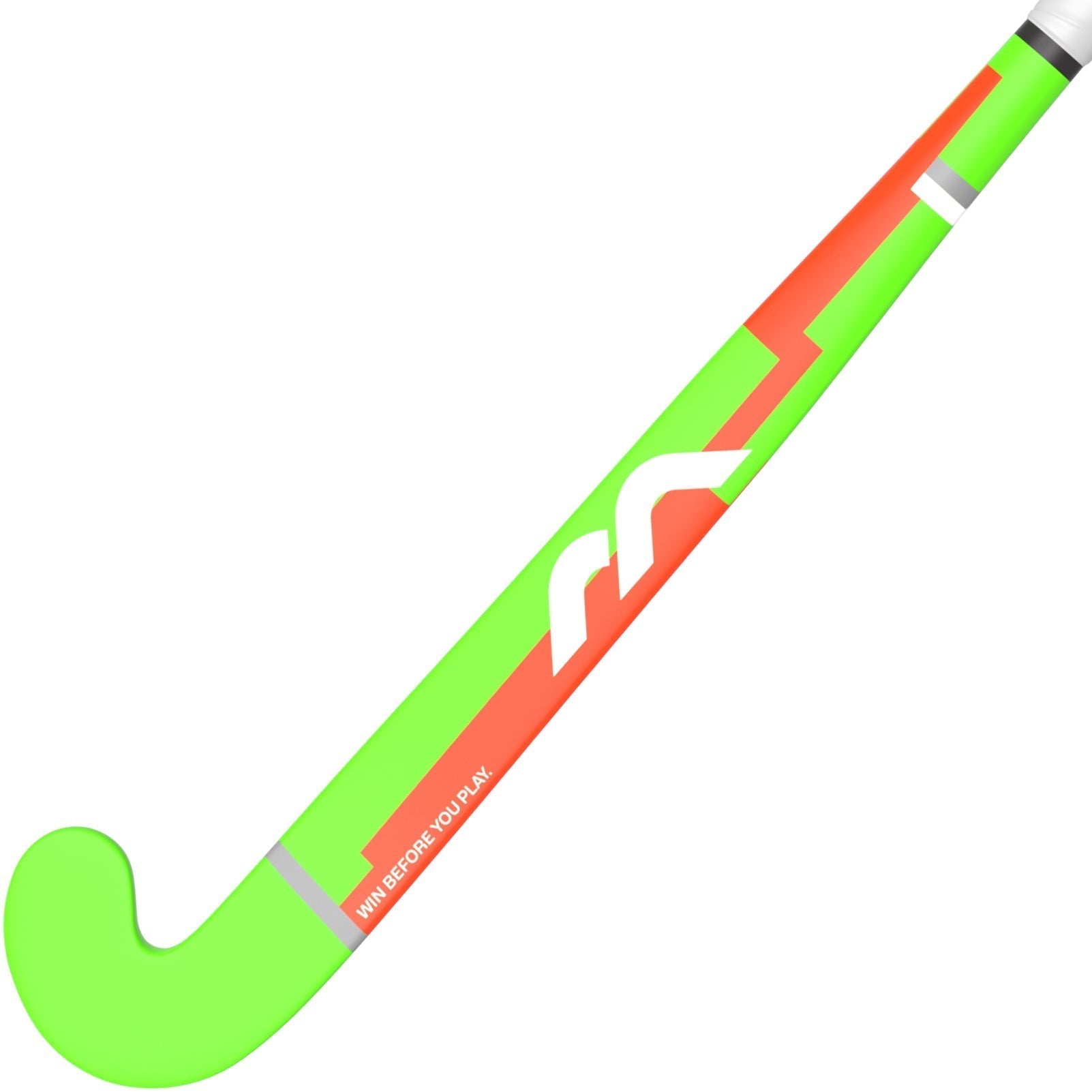 The Mercian Genesis Wood Hockey Stick (22"–32") for youth features a neon green and orange design, a white Mercian logo, and "WIN BEFORE YOU PLAY" printed near the curved end.