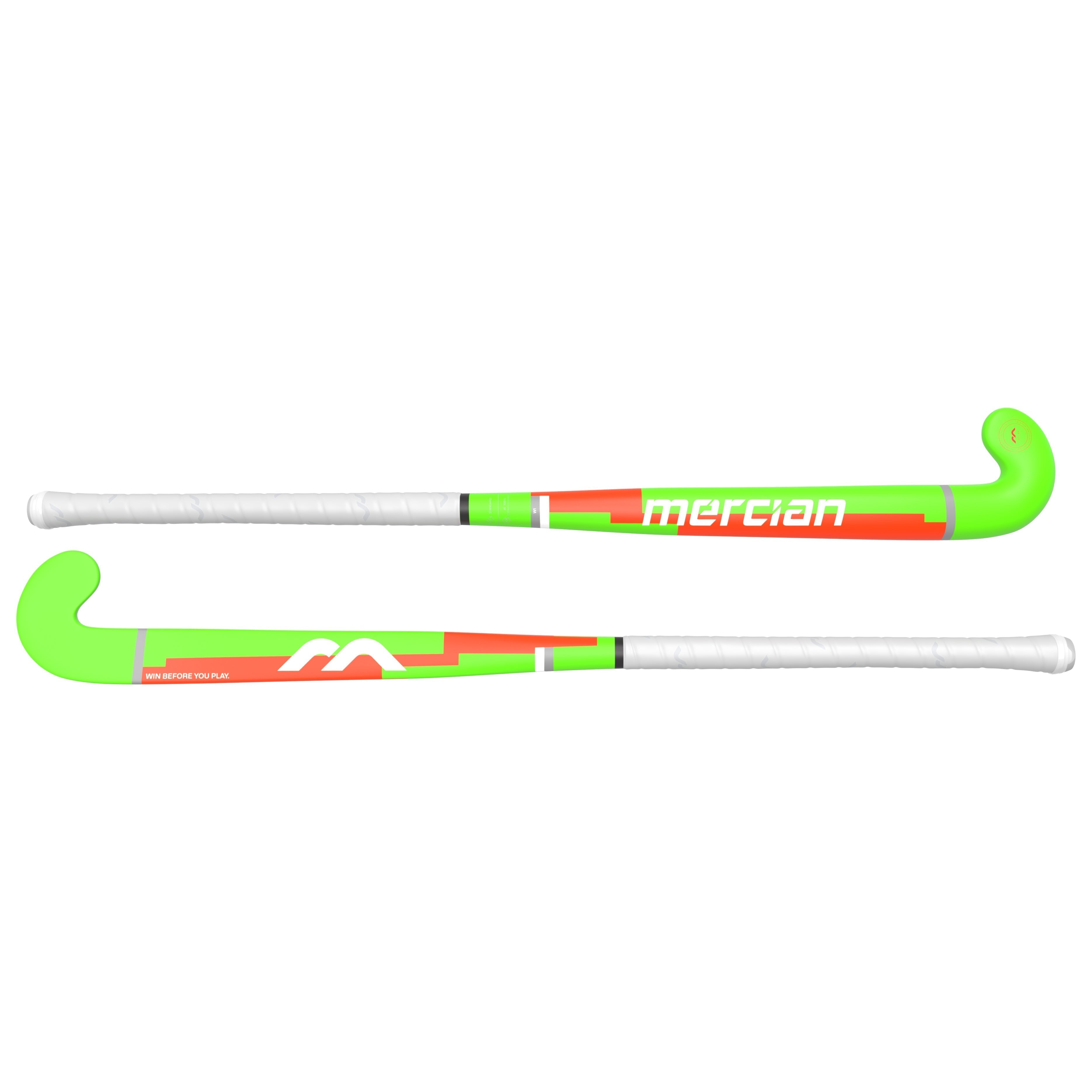 Two Mercian Genesis Wood Hockey Sticks (22"–32") are shown, each with a white grip, bright green curved head, and shafts in orange with green and white accents. The Mercian branding is printed on both sticks.