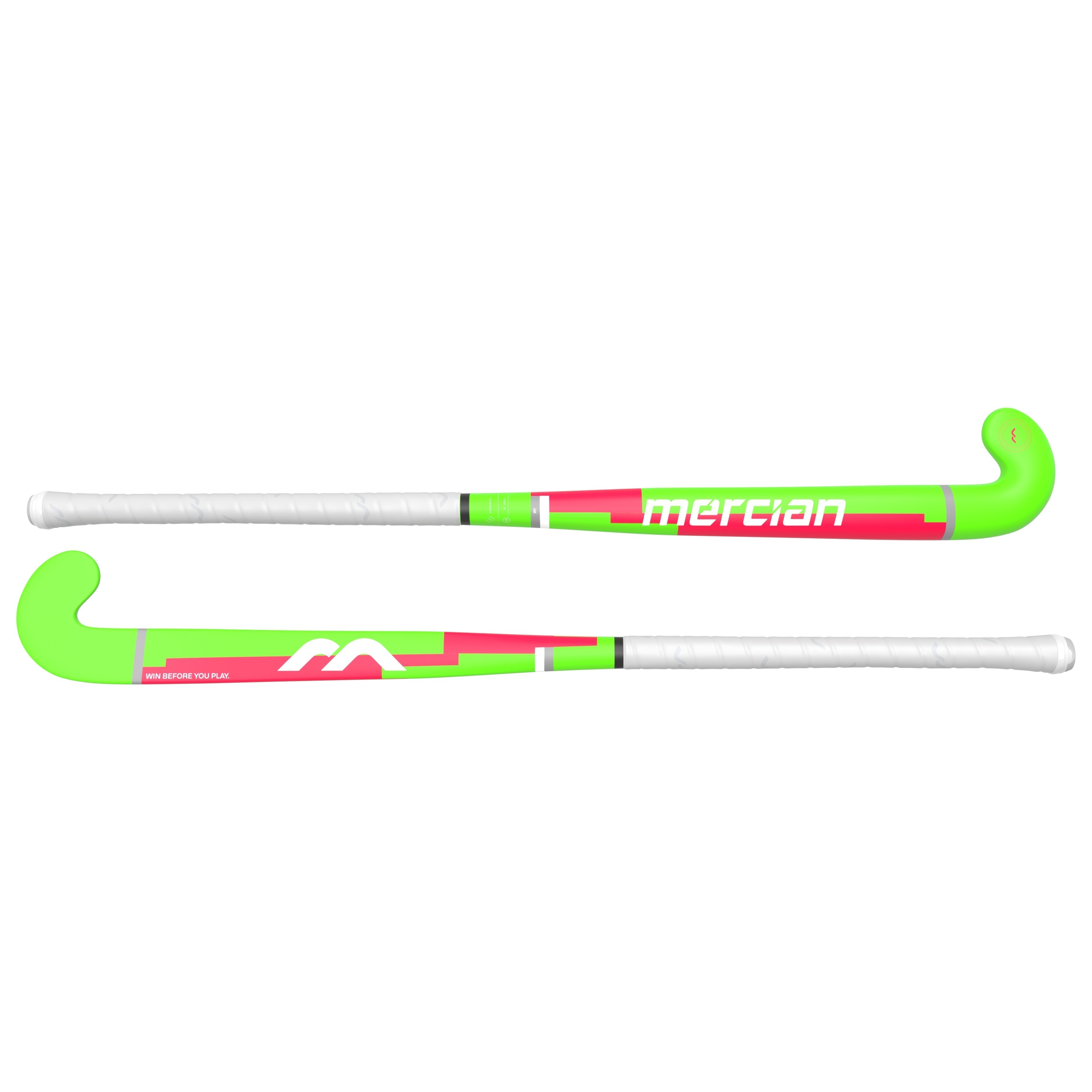Two Mercian Genesis Wood Hockey Sticks (22"–32") with neon green, pink, and white accents feature visible Mercian branding and comfortable white grips, making them ideal youth field hockey sticks.
