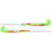 Two Mercian Genesis Wood Hockey Sticks (22"–32") with neon green, pink, and white accents feature visible Mercian branding and comfortable white grips, making them ideal youth field hockey sticks.