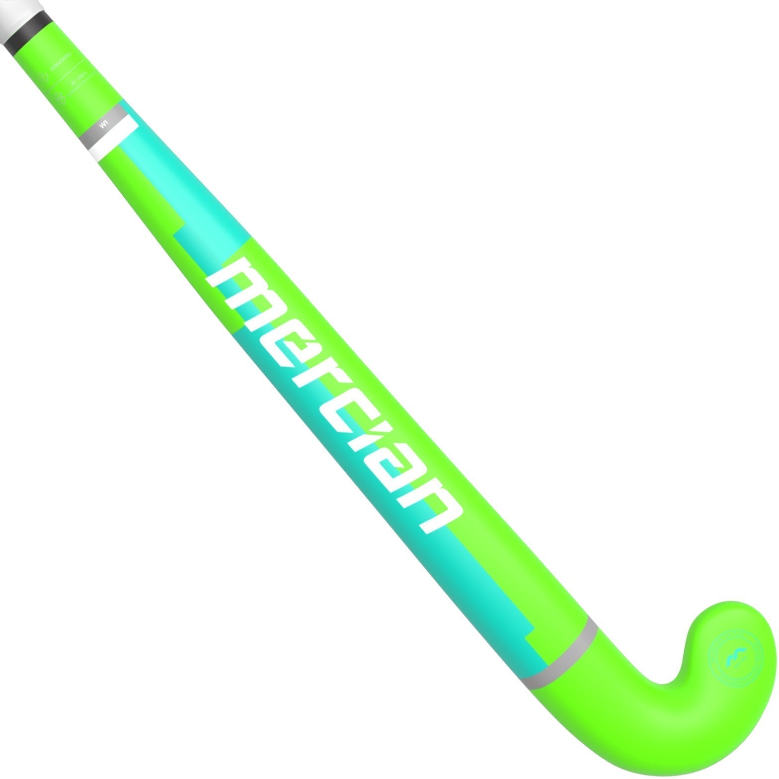The Mercian Genesis Wood Hockey Stick (22"–32") features bright green and turquoise colors with the Mercian logo in white—ideal for youth players.