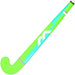 The Mercian Genesis Wood Hockey Stick (22"–32") features a bright green lower half, light blue upper half, white logo, and curved end.