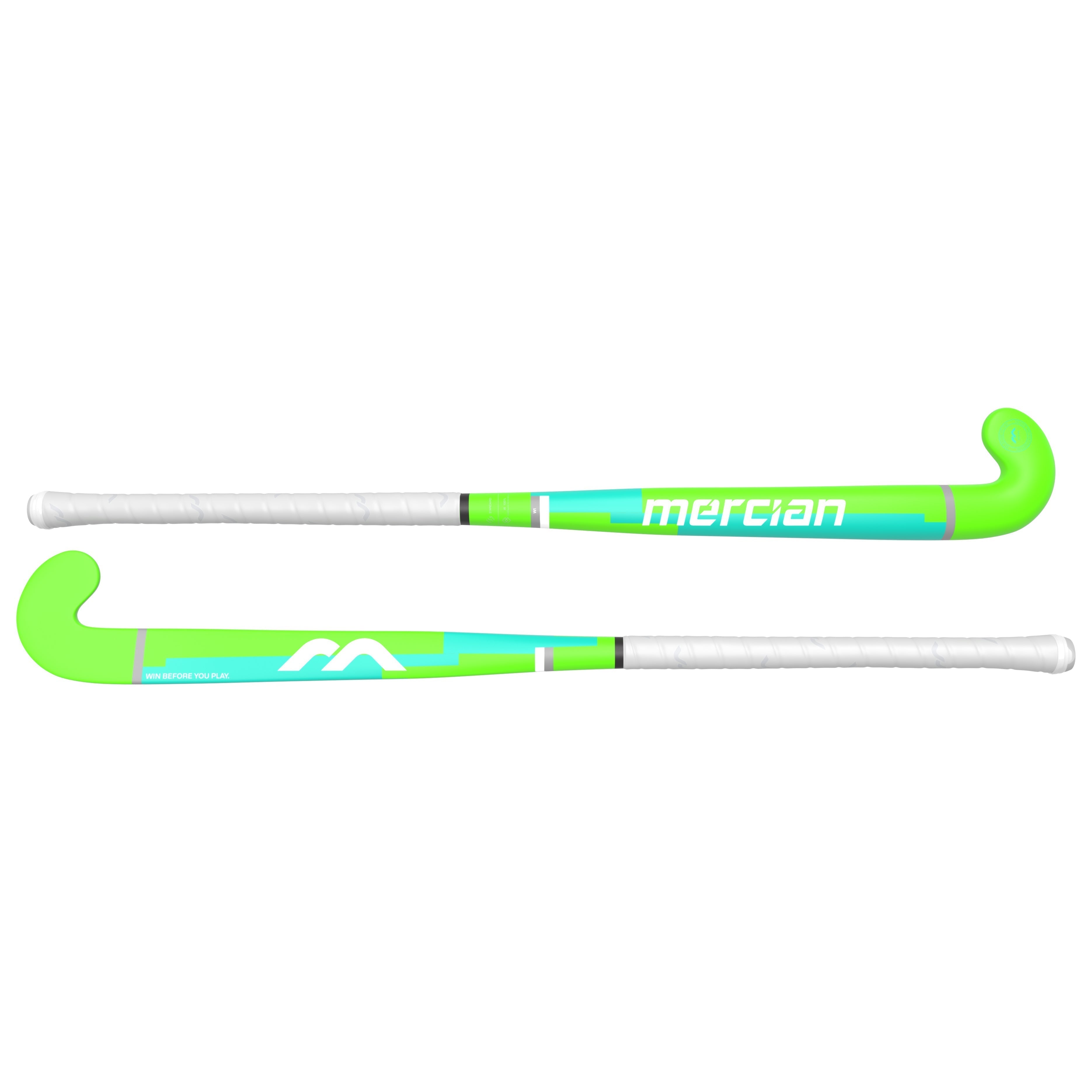 The Mercian Genesis Wood Hockey Stick (22"-32") features a white handle, neon green curved end, blue accents, and "mercian" in white—ideal as a youth field hockey stick.
