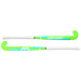 The Mercian Genesis Wood Hockey Stick (22"-32") features a white handle, neon green curved end, blue accents, and "mercian" in white—ideal as a youth field hockey stick.