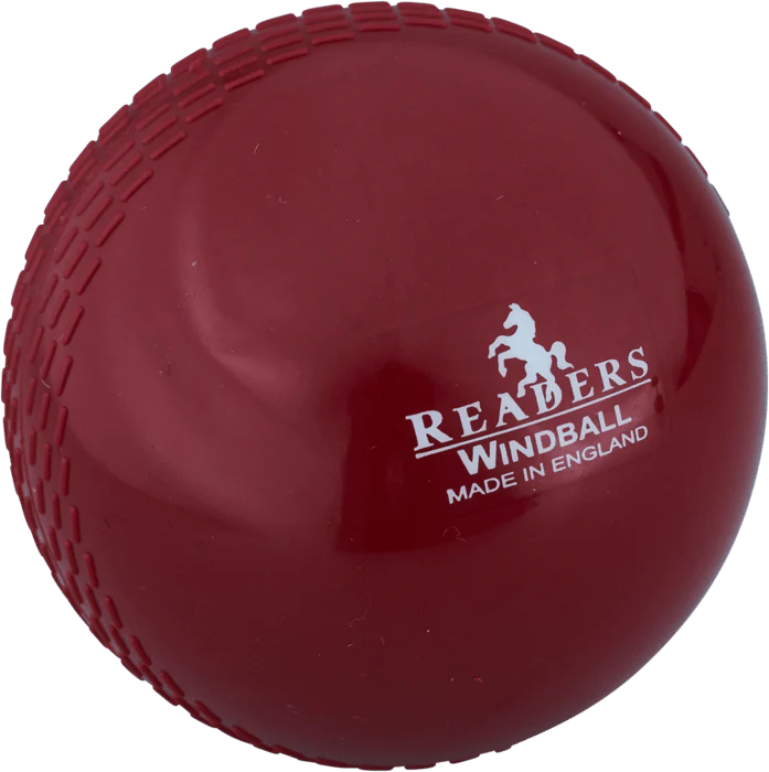 The maroon Readers Windball Youth, exclusive to Martin Berrill Sports, features a textured grip pattern and is ideal for foundation coaching, with "READERS WINDBALL MADE IN ENGLAND" printed in white on the surface.