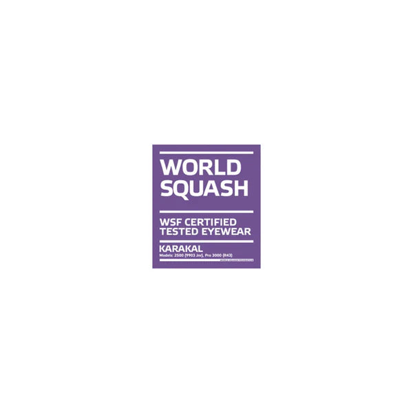 A purple square label with white text reads: Karakal Pro 2500 Sports Eye Protection (Ladies/Juniors), WSF CERTIFIED TESTED EYEWEAR by Karakal, emphasizing certified squash eye protection, with certification numbers shown at the bottom.