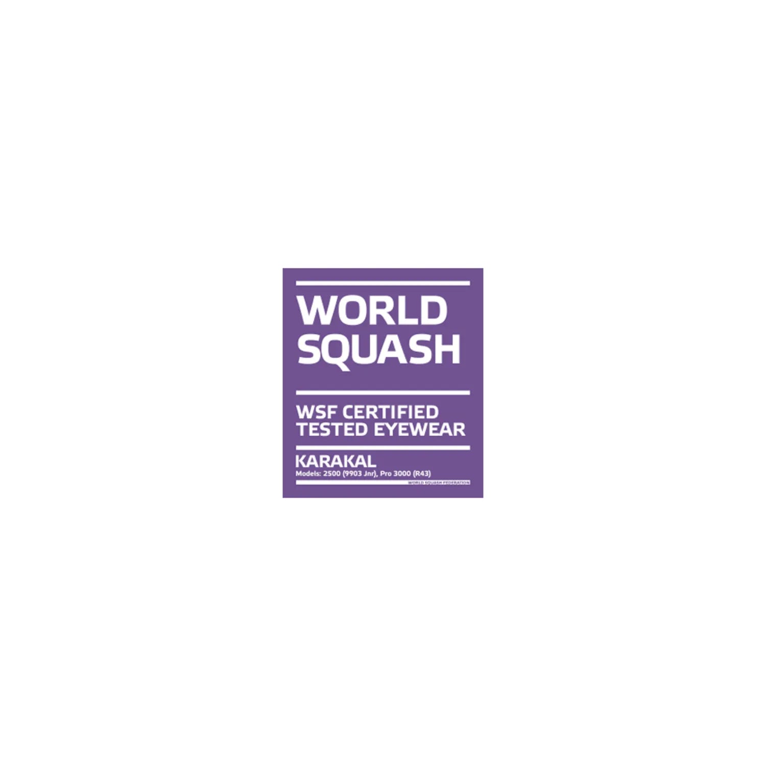A purple square badge reads WORLD SQUASH, WSF Certified Tested Eyewear, Karakal. It promotes Karakal Adult Pro 3000 Sports Eye Protection goggles featuring anti-fog polycarbonate eye guards and certification details in small white text.