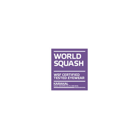 A purple square badge reads WORLD SQUASH, WSF Certified Tested Eyewear, Karakal. It promotes Karakal Adult Pro 3000 Sports Eye Protection goggles featuring anti-fog polycarbonate eye guards and certification details in small white text.