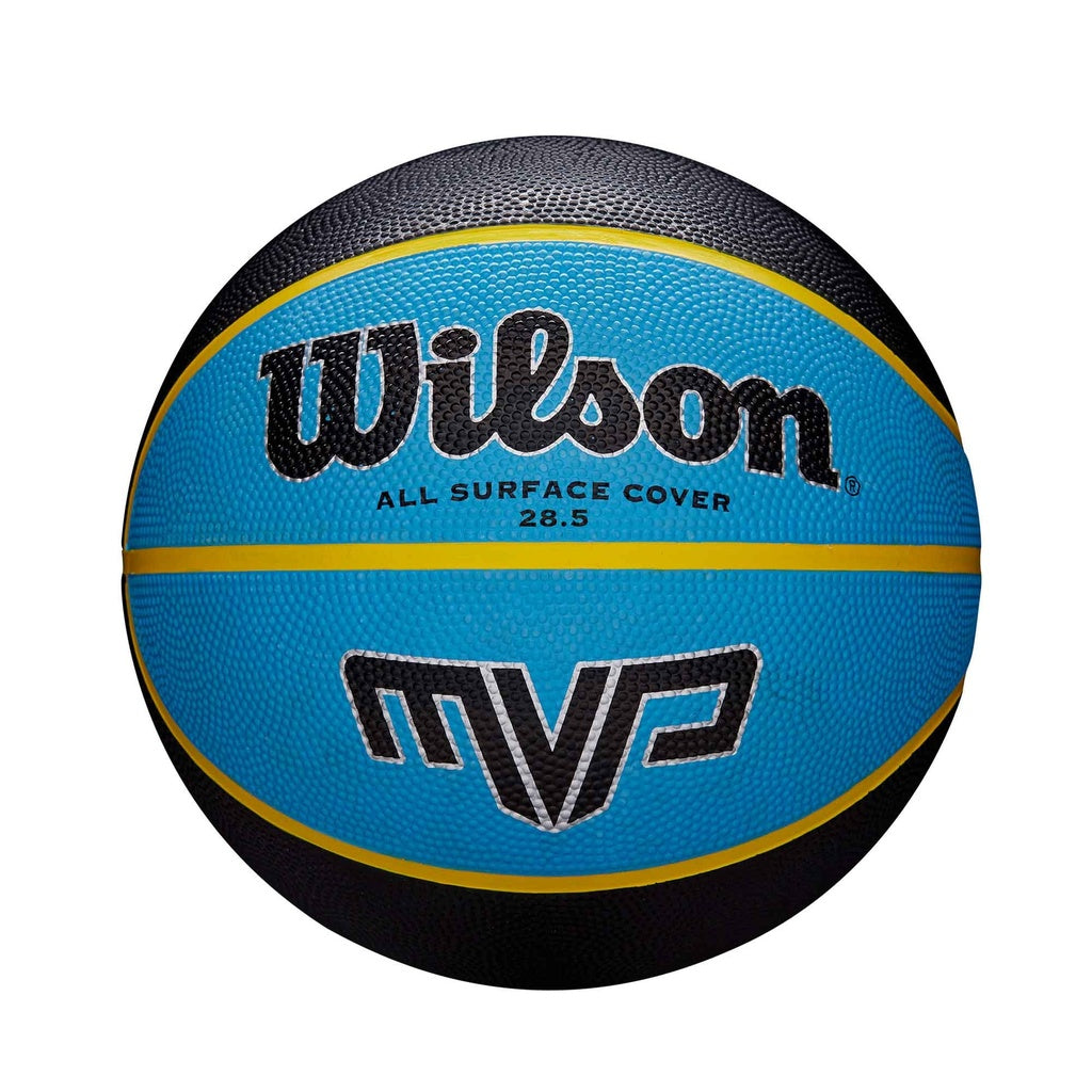The Wilson MVP Basketball Blue features deep channels, a blue and black design with yellow stripes, and “Wilson All Surface Cover 28.5” and “MVP” printed on its durable all-surface cover.