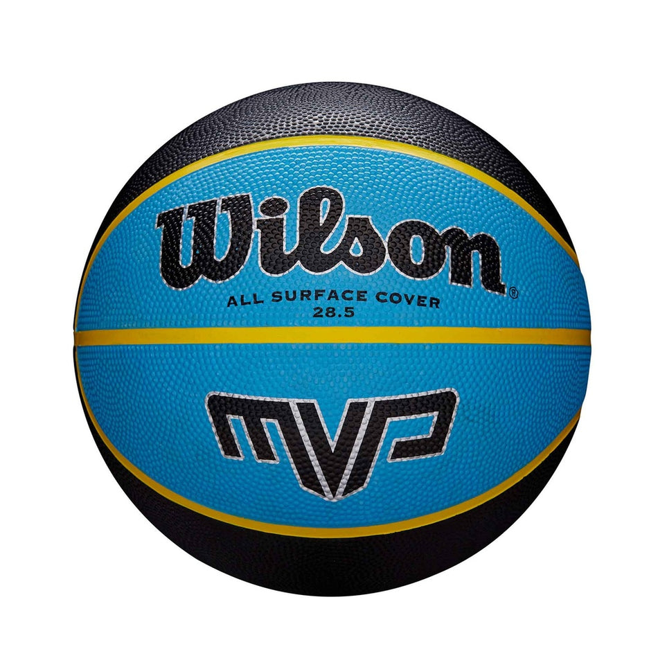 The Wilson MVP Basketball Blue features deep channels, a blue and black design with yellow stripes, and “Wilson All Surface Cover 28.5” and “MVP” printed on its durable all-surface cover.