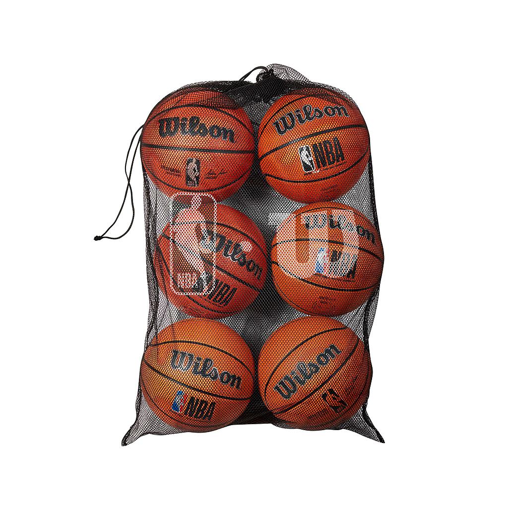 The Wilson NBA 6 Basketball Mesh Bag by Wilson holds six orange NBA basketballs, displaying their logos through the mesh. The drawstring at the top keeps the bag securely closed.