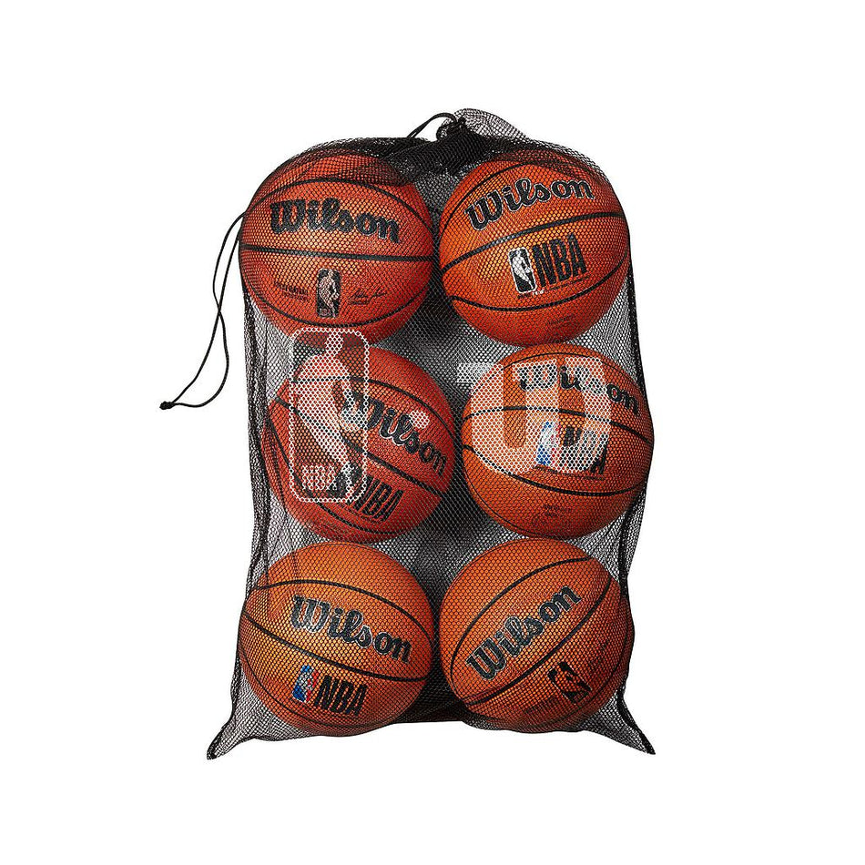 The Wilson NBA 6 Basketball Mesh Bag by Wilson holds six orange NBA basketballs, displaying their logos through the mesh. The drawstring at the top keeps the bag securely closed.