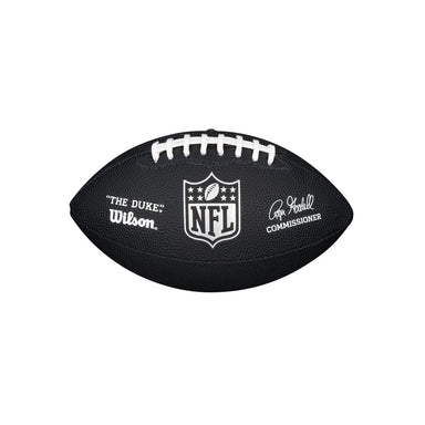The Wilson NFL Duke Replica American Football features a black design with white laces, the NFL shield logo, THE DUKE branding, and the commissioner's signature. Built by Wilson, it offers durable construction for lasting play.