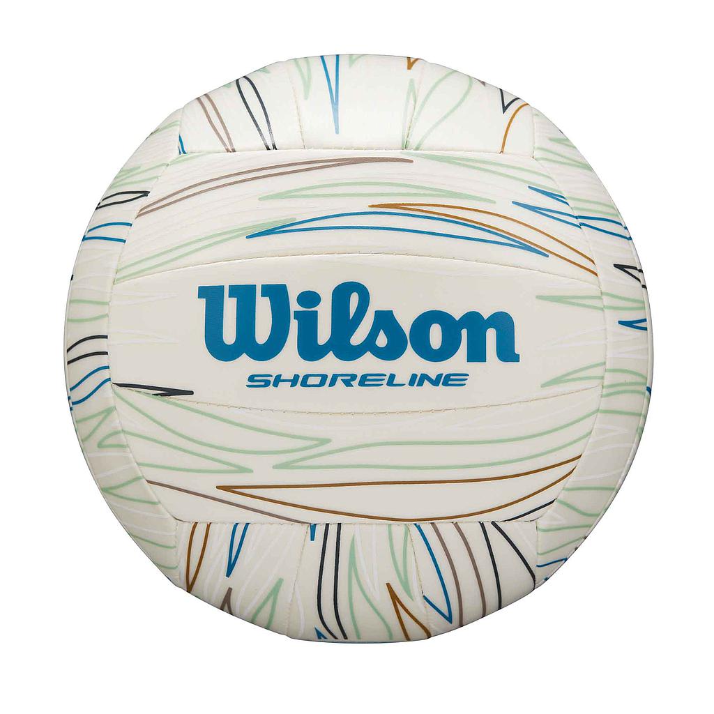 The Wilson Shoreline Eco Volleyball is a white ball with blue, green, and brown curved line patterns, featuring the Wilson logo and "Shoreline Eco" printed in blue on the front.