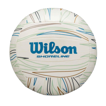 The Wilson Shoreline Eco Volleyball is a white ball with blue, green, and brown curved line patterns, featuring the Wilson logo and "Shoreline Eco" printed in blue on the front.
