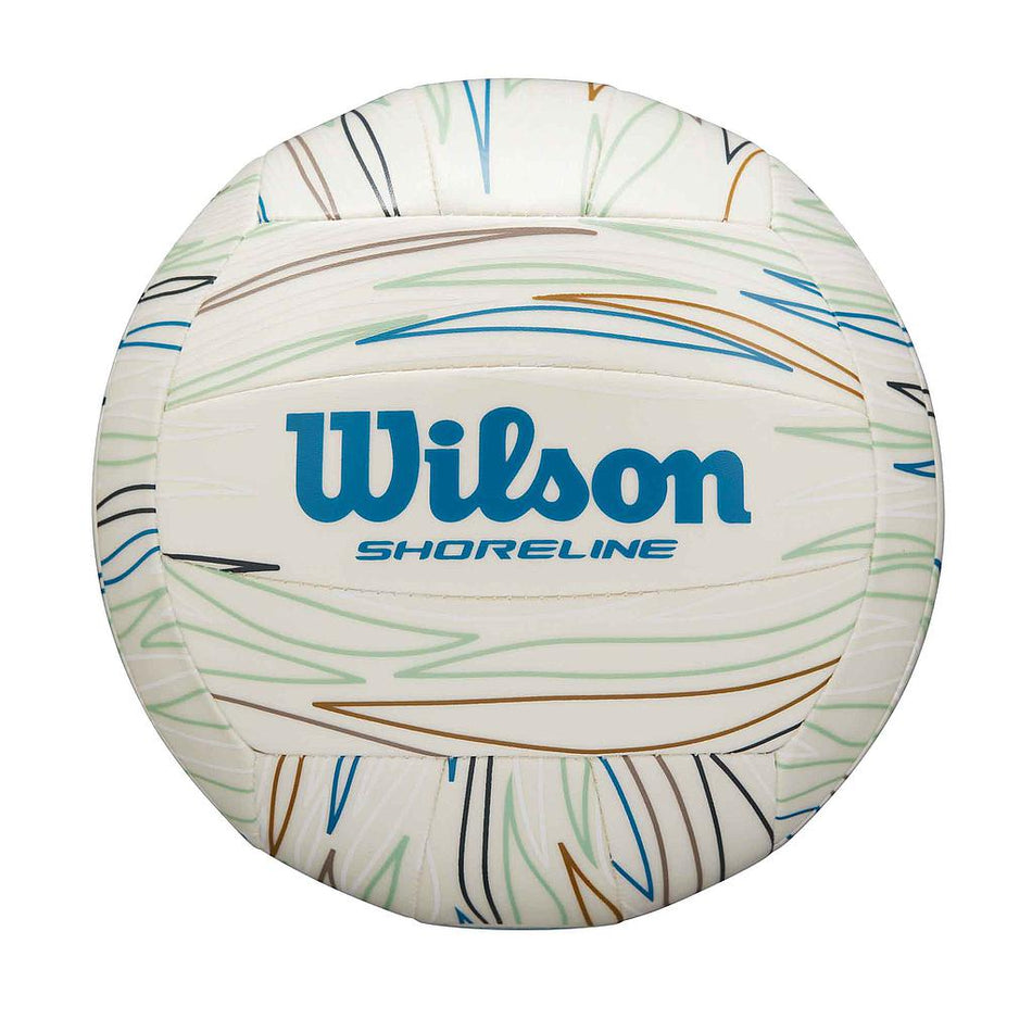 The Wilson Shoreline Eco Volleyball is a white ball with blue, green, and brown curved line patterns, featuring the Wilson logo and "Shoreline Eco" printed in blue on the front.