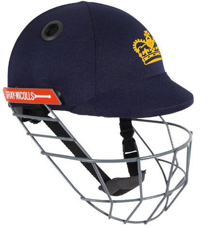 A navy blue Custom Gray Nicolls Cricket Helmet with a metal face guard, yellow crown emblem, red side label, and your club logo—ideal for players wanting premium branded protection.