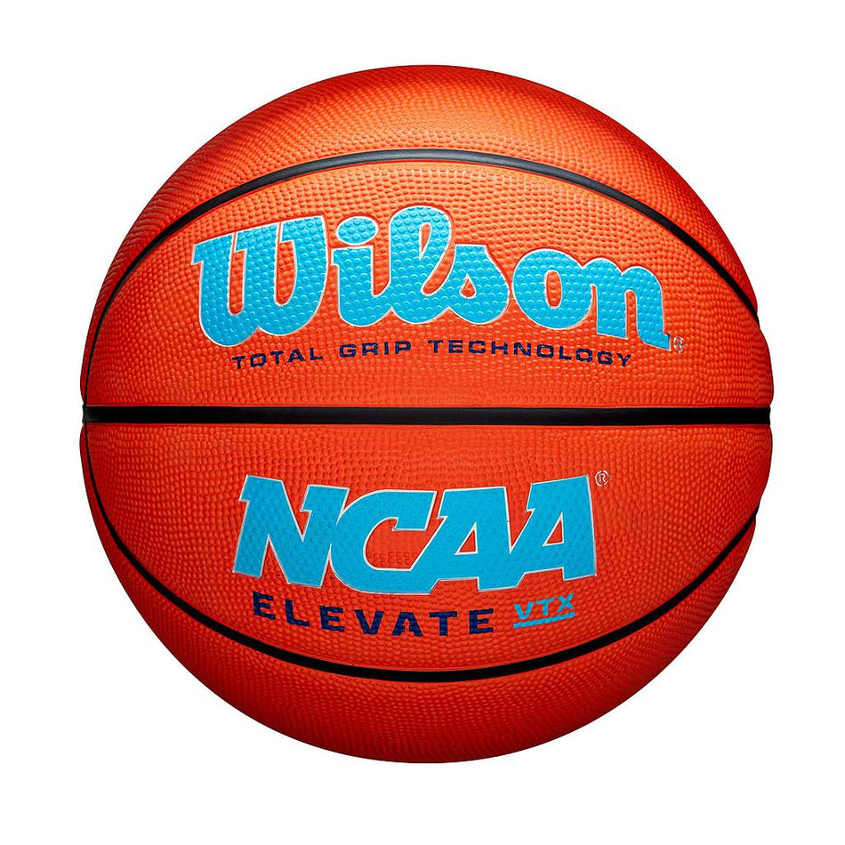 The Wilson NCAA Elevate VTX basketball in orange has blue lettering, black lines, a textured surface, Total Grip Technology, and Pressure Lock Bladder for better control, featuring Wilson and NCAA Elevate VTX branding.