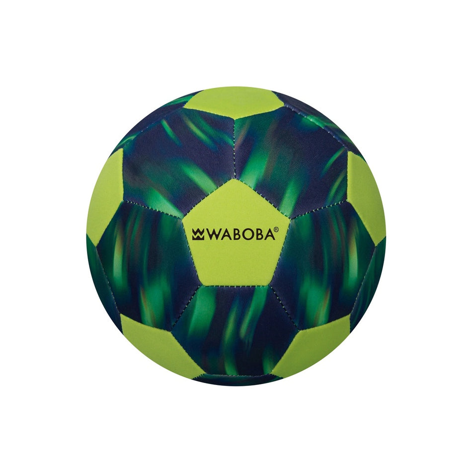 The Waboba Beach Soccer Ball features a green and dark blue patterned design with black Waboba logo text on the center panel, and is shown on a white background.