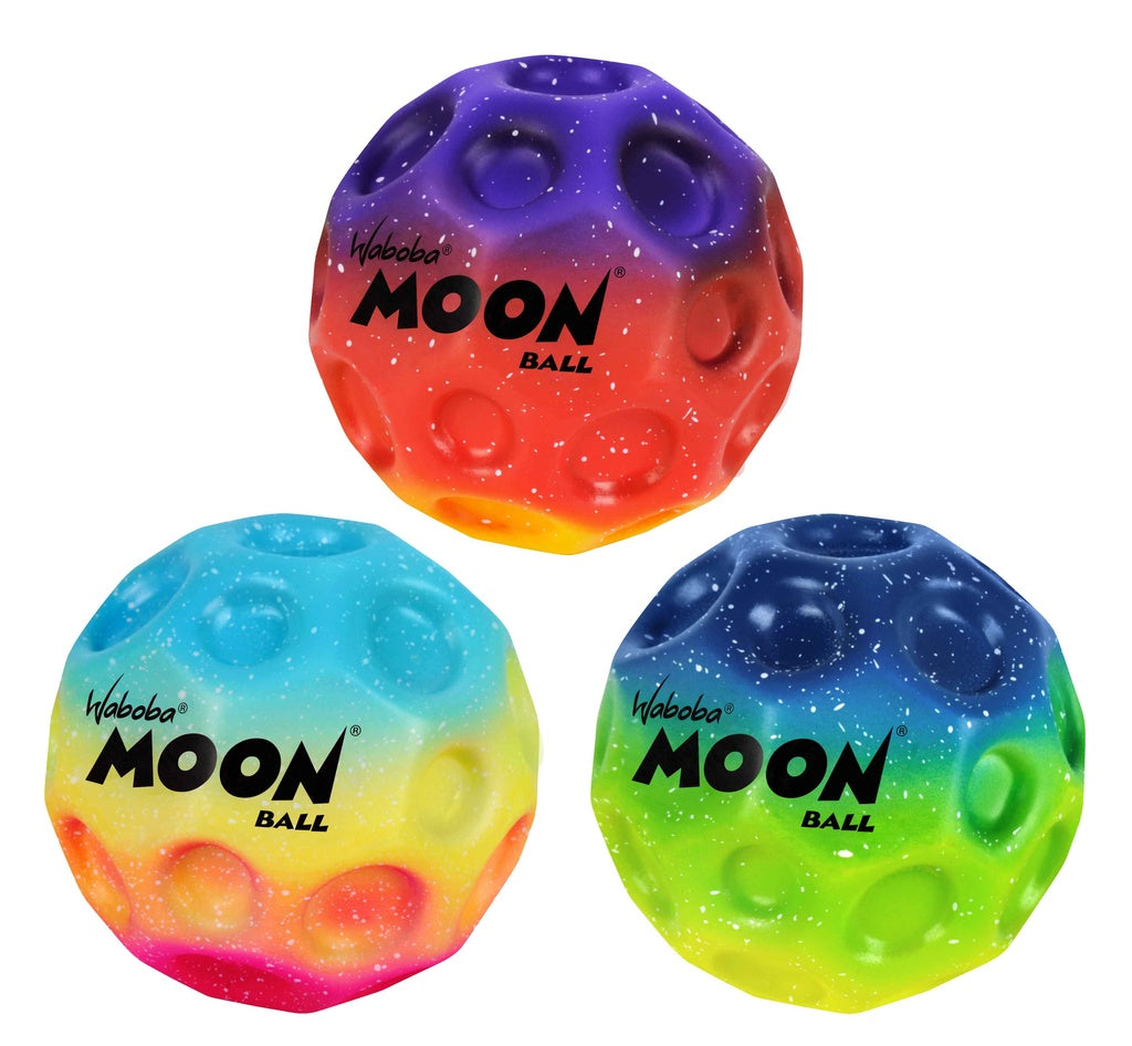 Three Waboba Gradient Moon Balls by Waboba, each with cratered surfaces and cosmic gradients—purple-orange, blue-pink, and yellow-green. These high-bouncing balls feature the MOON BALL logo on every vibrant sphere.