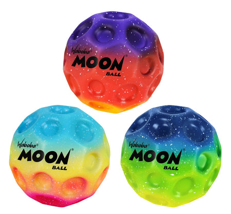 Three Waboba Gradient Moon Balls by Waboba, each with cratered surfaces and cosmic gradients—purple-orange, blue-pink, and yellow-green. These high-bouncing balls feature the MOON BALL logo on every vibrant sphere.