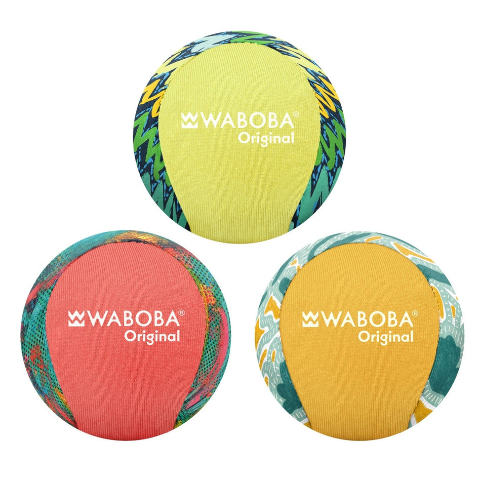 Three Waboba Original Water Bouncing Balls by Waboba are shown in yellow-green, red-green, and yellow-orange, each featuring vibrant two-tone patterns and the white Waboba Original logo. Perfect for beach or water play.