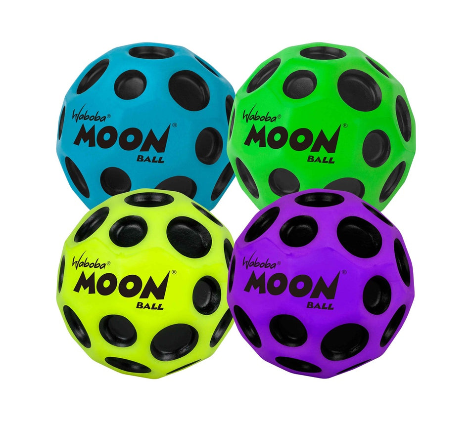 Four Waboba Original Moon Balls by Waboba in blue, green, yellow, and purple—each with black holes and the Moon Ball logo. These balls can bounce up to 30 meters. Displayed in a square arrangement on a white background.