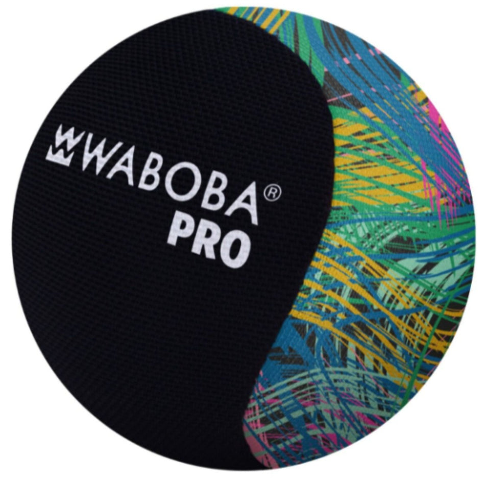 The Waboba Pro Ball by Waboba features a half-black design with white logo and half covered in colorful tropical palm leaves—an advanced water bouncing ball for endless water fun.