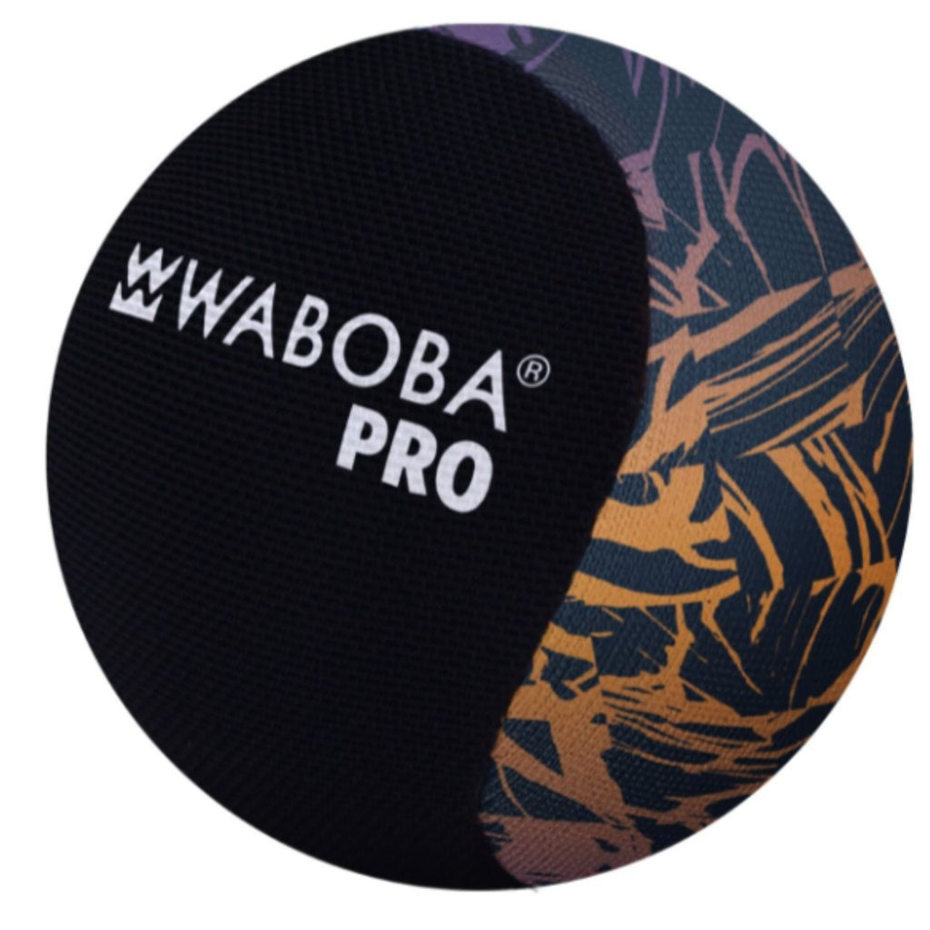 The Waboba Pro Ball by Waboba features a sleek black section with white branding and an abstract orange and purple pattern—an advanced water bouncing ball perfect for outdoor fun.