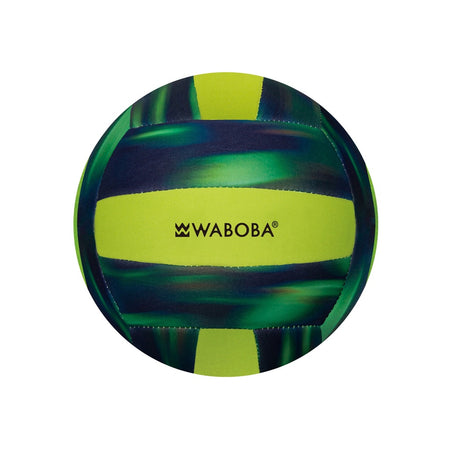 The Waboba Beach Volleyball by Waboba features green and dark blue stripes with “WABOBA” printed in black at the center, ideal for pool games or as a waterproof volleyball, shown on a white background.
