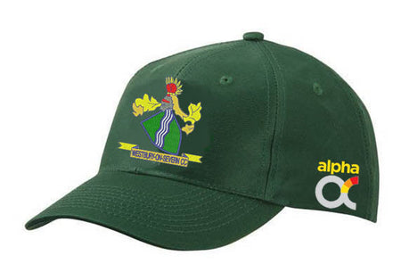 The Westbury-on-Severn CC Green Cricket Cap by Martin Berrill Sports is a durable polyester cap with a red crown and yellow banners crest on the front, "alpha cc" in white and yellow on the side, and an adjustable fit for comfort.