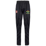 Gray Nicolls Westbury-on-Severn CC Matrix V2 Black Match Trousers feature an elastic waistband, red and white logo on the right thigh, and a colorful embroidered crest on the left. Ideal as cricket trousers or black match pants.