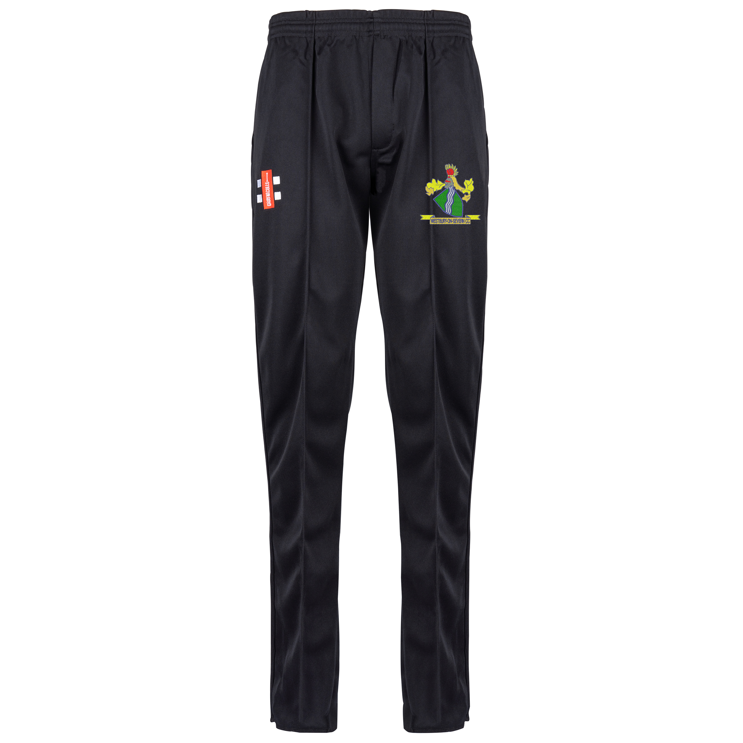 Gray Nicolls Westbury-on-Severn CC Matrix V2 Black Match Trousers feature an elastic waistband, red and white logo on the right thigh, and a colorful embroidered crest on the left. Ideal as cricket trousers or black match pants.