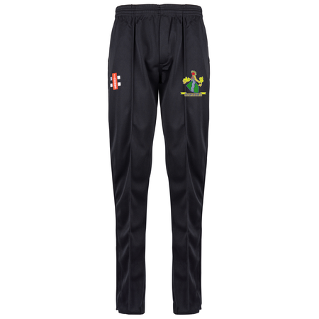 Gray Nicolls Westbury-on-Severn CC Matrix V2 Black Match Trousers feature an elastic waistband, red and white logo on the right thigh, and a colorful embroidered crest on the left. Ideal as cricket trousers or black match pants.