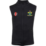 The Gray Nicolls Westbury-on-Severn CC Storm Thermo Bodywarmer is a sleeveless black micro fleece gilet with front zip, red/white logo on the left chest, and an embroidered multicolored crest with thistle and green scroll on the right.