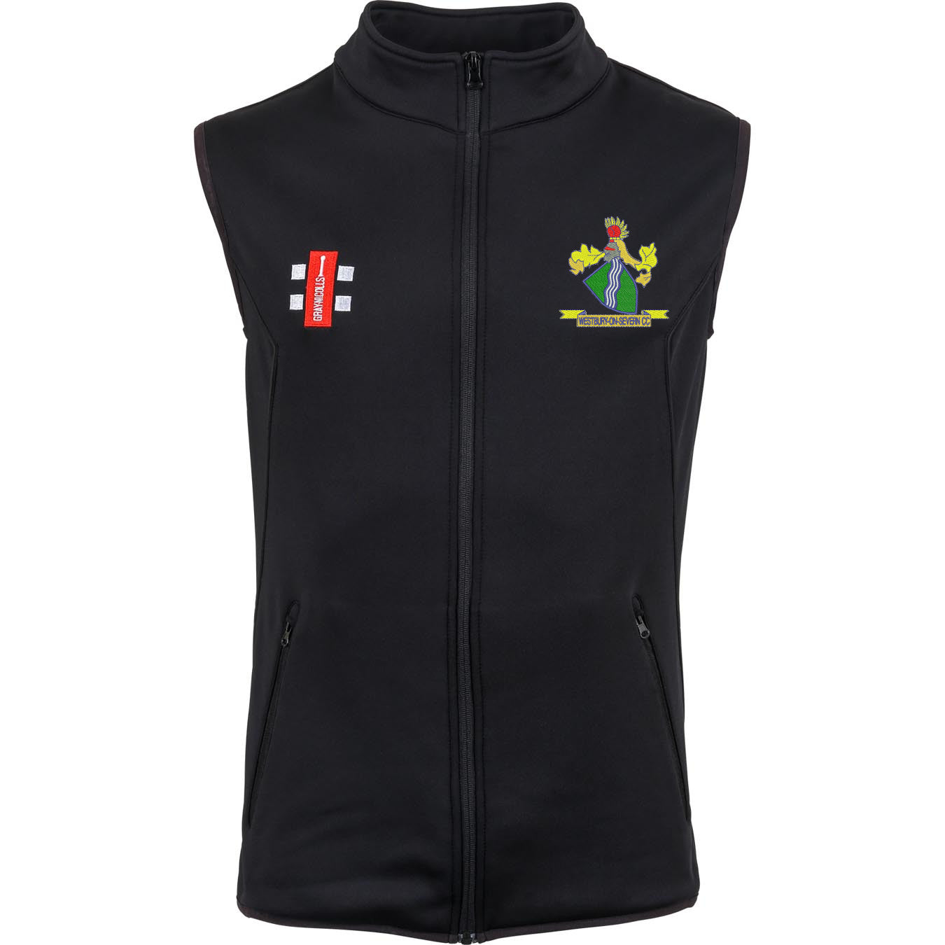 The Gray Nicolls Westbury-on-Severn CC Storm Thermo Bodywarmer is a sleeveless black micro fleece gilet with front zip, red/white logo on the left chest, and an embroidered multicolored crest with thistle and green scroll on the right.
