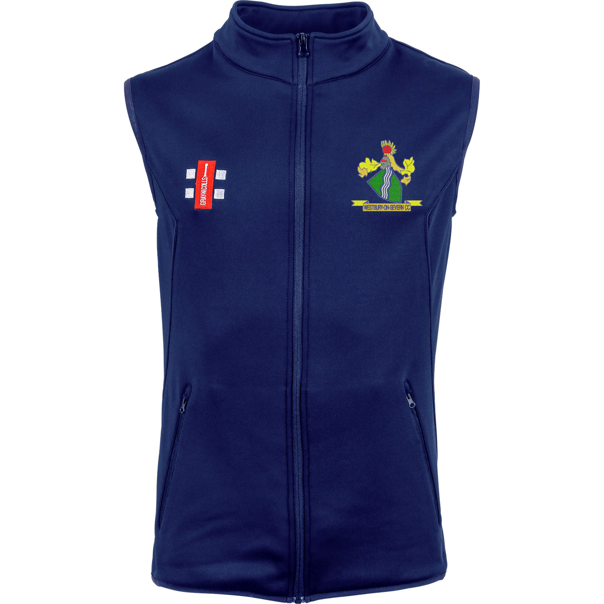 The Gray Nicolls Westbury-on-Severn CC Storm Thermo Bodywarmer in navy features a front zipper, two zippered pockets, a red rectangular logo on the right chest, and an embroidered club crest with text on the left chest.