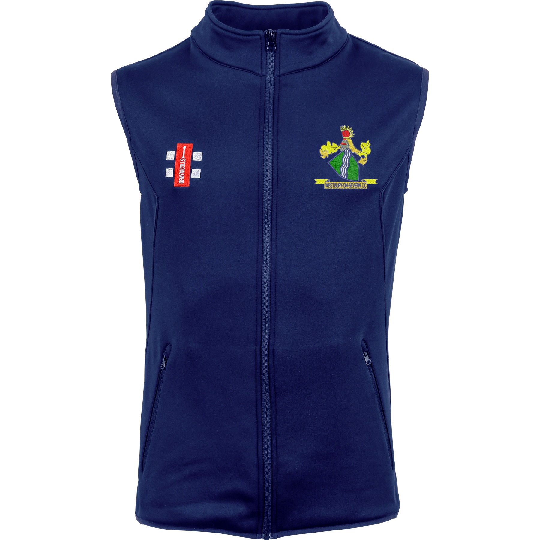 The Gray Nicolls Westbury-on-Severn CC Storm Thermo Bodywarmer in navy features a front zipper, two zippered pockets, a red rectangular logo on the right chest, and an embroidered club crest with text on the left chest.