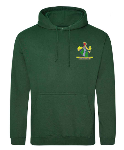 The PenCarrie Westbury-on-Severn CC Senior Hoodie in bottle green features a front pocket and an illustrated club logo with a crowned rooster on a banner, yellow accents, and green leaf-like shapes on the left chest.